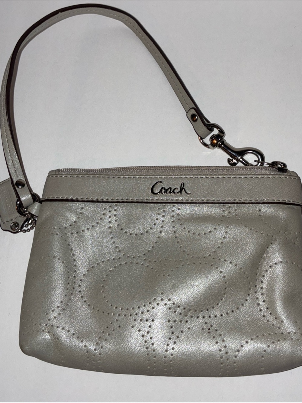 Coach Light Gray Pebbled Leather Wristlet